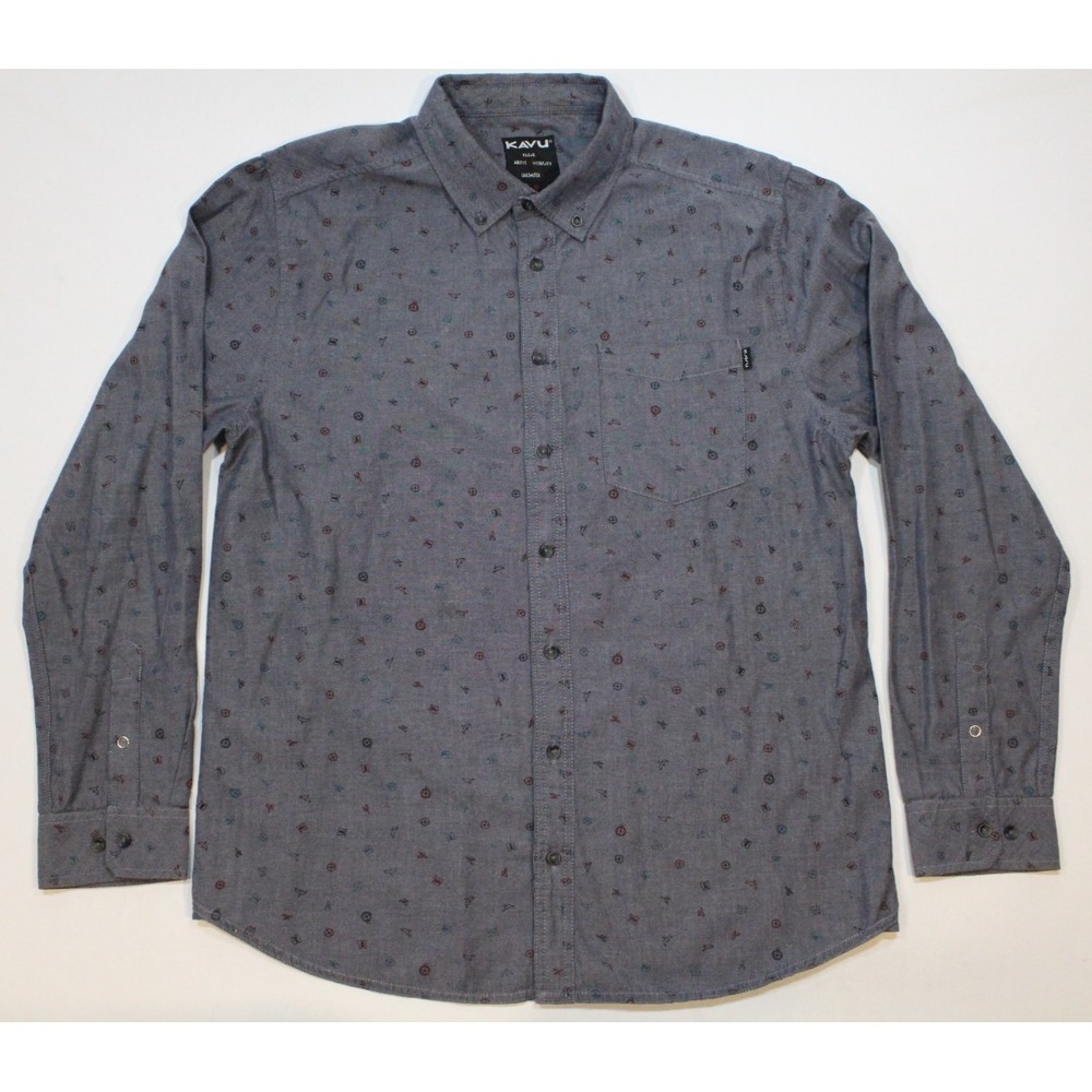 KAVU  Camp Long Sleeve Button Up Shirt Men's XL Birds Compass‎ Binoculars AOP